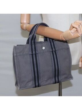 Hermes  Canvas Tote Bag in Gray with Black Straps